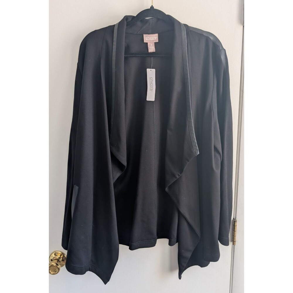 NWT New Chicos Faux Leather Trim Ponte Knit Open Front Jacket Black 3 XL/16